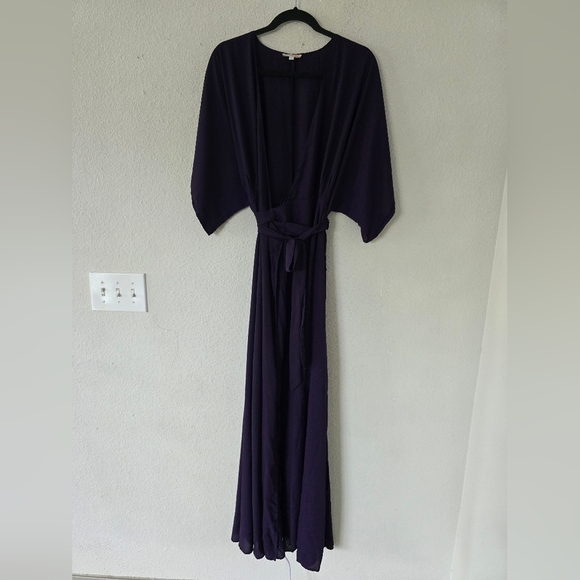 GB Wrap Dress Womens Sz L Purple Maxi Belted Short Sleeves Flowy Feminine - Picture 2 of 13